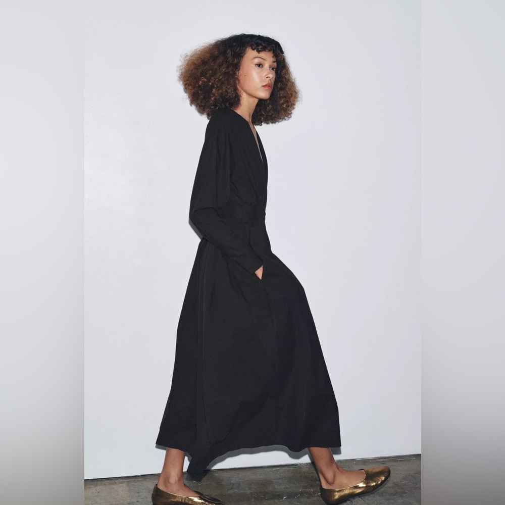 NWT Zara Cotton Pleated Belted Midi Dress Size XS